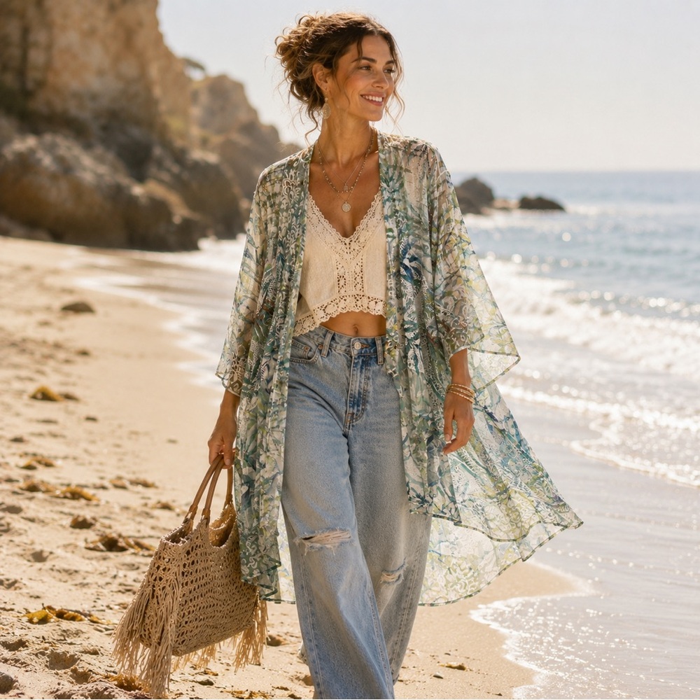 Impulse California Sheer Tropical Gauzy Lace Sheer Kimono Open-Front Cover Up L